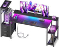 Korfile 63 Inch Gaming Desk with Bluetooth LED Lights & Power Outlets,Computer Desk with Fabric Drawers & Hooks,Reversible Gamer Table with Monitor Stand for Game Room,Home Office,Carbon Fiber Black | Reversible，Computer Desk, Gamer Table, Bluetooth LE...