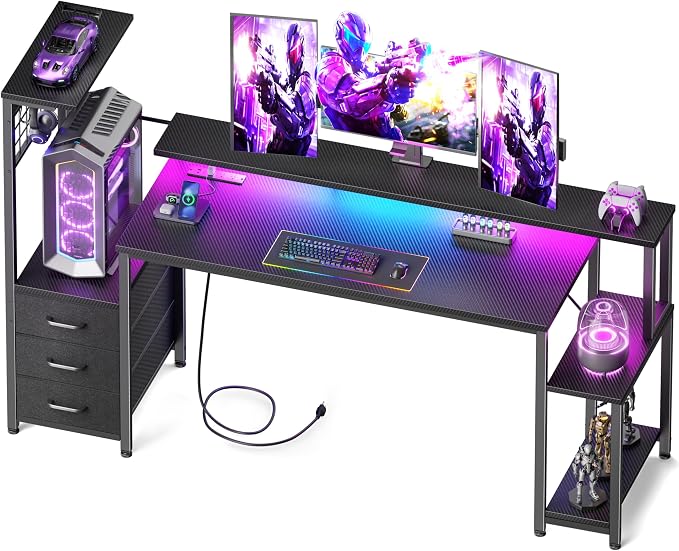 Korfile 63 Inch Gaming Desk with Bluetooth LED Lights & Power Outlets,Computer Desk with Fabric Drawers & Hooks,Reversible Gamer Table with Monitor Stand for Game Room,Home Office,Carbon Fiber Black | Reversible，Computer Desk, Gamer Table, Bluetooth LE...