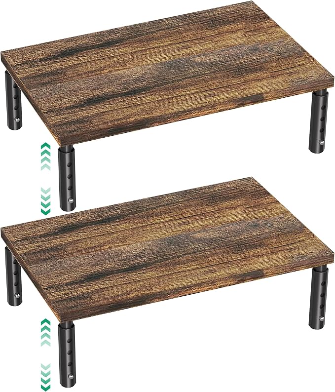 Adjustable Monitor Stand Riser for Desk, Wood Computer & Laptop Stand, Desk Organizers and Accessories, Office Desk Accessories & Workspace Organizer for Home Office Supplies, Brown 2-Pack
