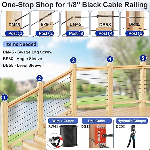 50 Pack Cable Railing Protector Sleeves for 1/8” Deck Railing System, Black Cable Railing Kit Hardware for Wood Post, T316 Stainless Steel Marine Grade DB58