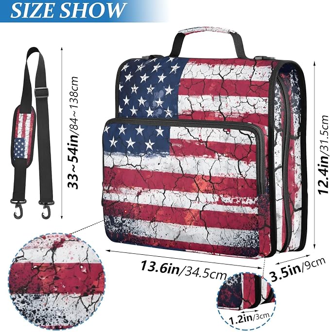 Retro American Flag 3 Ring Binder Bag 1.5 inch Binder Organizer with Zipper Shoulder Strap 500 Sheet Documents Storage for School Office