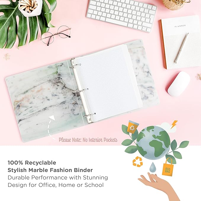Carstens Limited Edition 2-Inch Green Marble Heavy Duty 3-Ring Binder – Side Opening, Waterproof, Durable Plastic, No-Gap Rings, Holds 300 Sheets, BPA-Free, Made in USA (2843-3R)