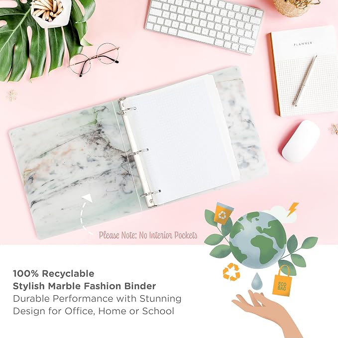 Carstens Limited Edition 1.5-Inch Green Marble Heavy Duty 3-Ring Binder – Side Opening, Waterproof, Durable Plastic, No-Gap Rings, Holds 250 Sheets, BPA-Free, Made in USA (2053-3R)
