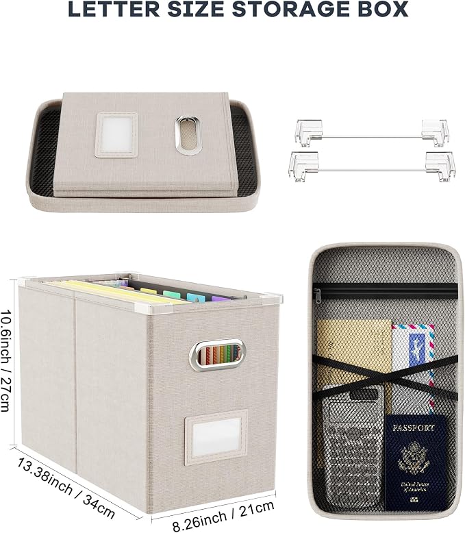 Oterri File Organizer Box with Lid, Hanging Filing File Box with Mesh Pocket, Document Organizer Box for Letter Files, Portable Storage Box with Smooth Sliding Rail for Office&Home (1 PCS, Beige)