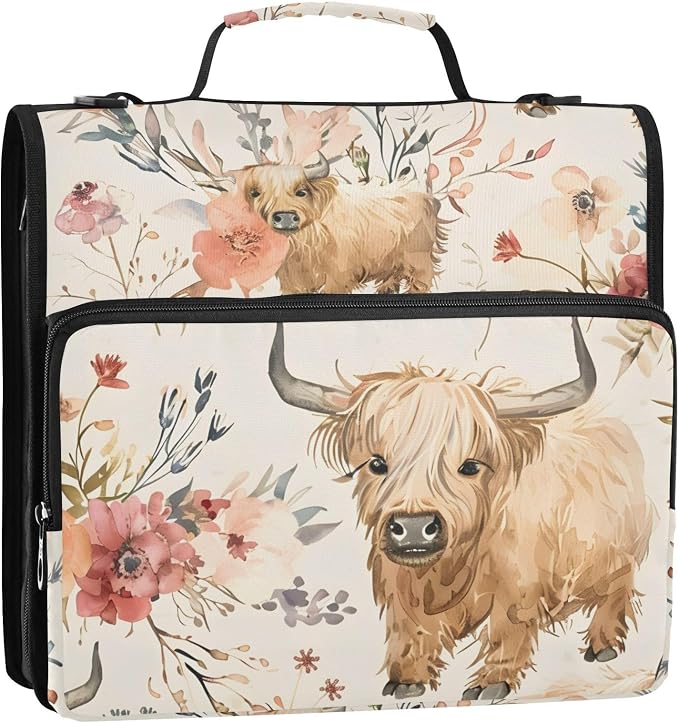 Cute Highland Cows Flowers 3 Ring Binder Bag 1.5 inch Binder Organizer with Zipper Shoulder Strap 500 Sheet Documents Storage for School Office