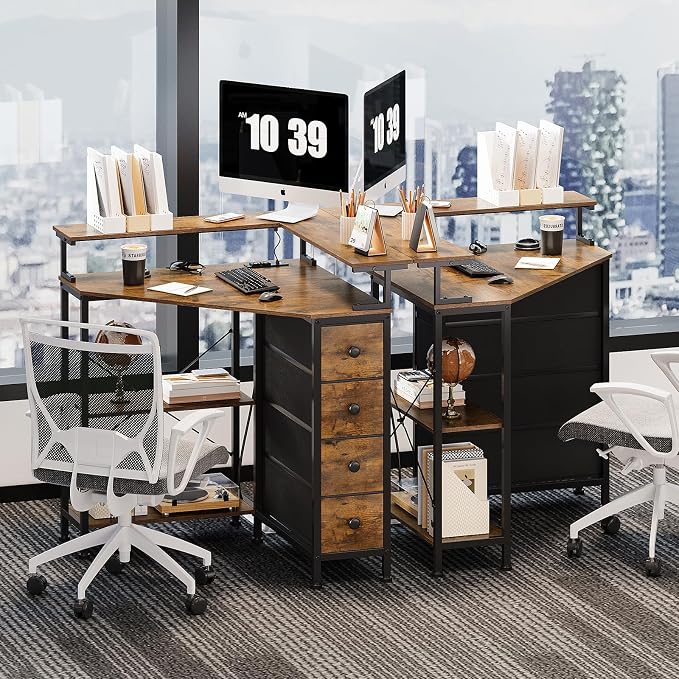 VENNQD Corner Desk with Drawers Shelves for Small Space 90 Degrees Triangle Computer Desk with Power Outlets,Gaming Desk with LED Lights Monitor Stand for Home Office Workstation Writing Table (Brown)
