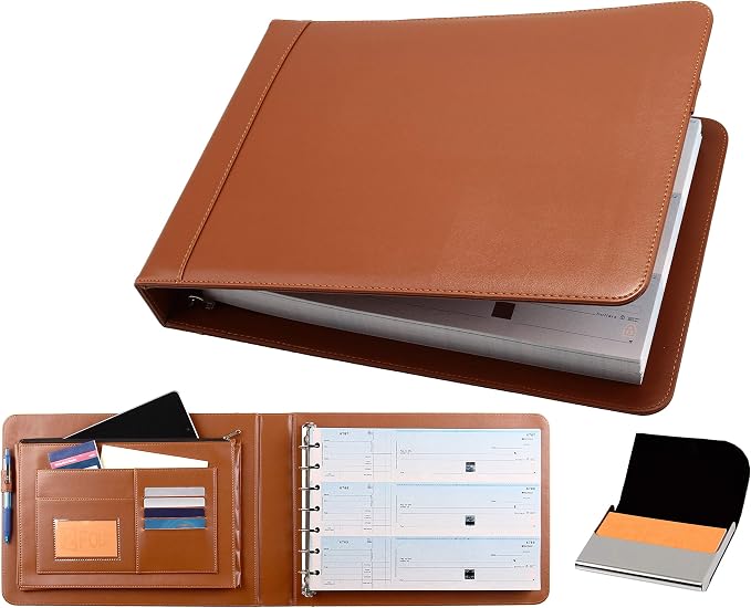2Fold Business Check Binder 7 Ring for 3-Up Business Size Checks with Extra Business Card Case - PU Leather Deluxe 7 Ring Checkbook Binder Portfolio with 600 Check Capacity and Storage