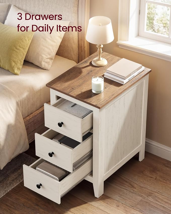 VASAGLE Side End Table with 3 Storage Drawers, Nightstand Farmhouse | Narrow Bedside Table for Living Room, Bedroom, Home Office, Rustic White and Honey Brown, LIRY Collection ULET132W101S