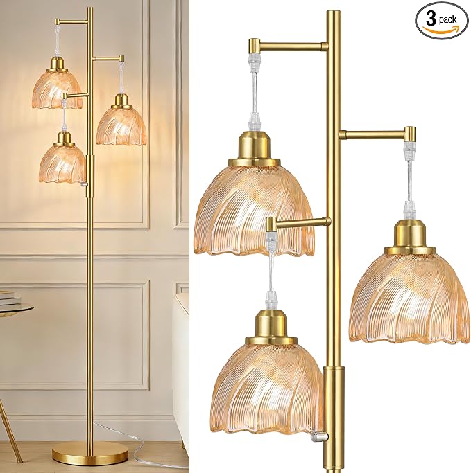 ROTTOGOON Dimmable Gold Floor Lamps for Living Room, Vintage Tree Standing Lamp with Glass Shades, 3 Light Mid Century Flower Floor Lamps for Bedroom, Office, 6W, Brushed Gold & Amber Shades