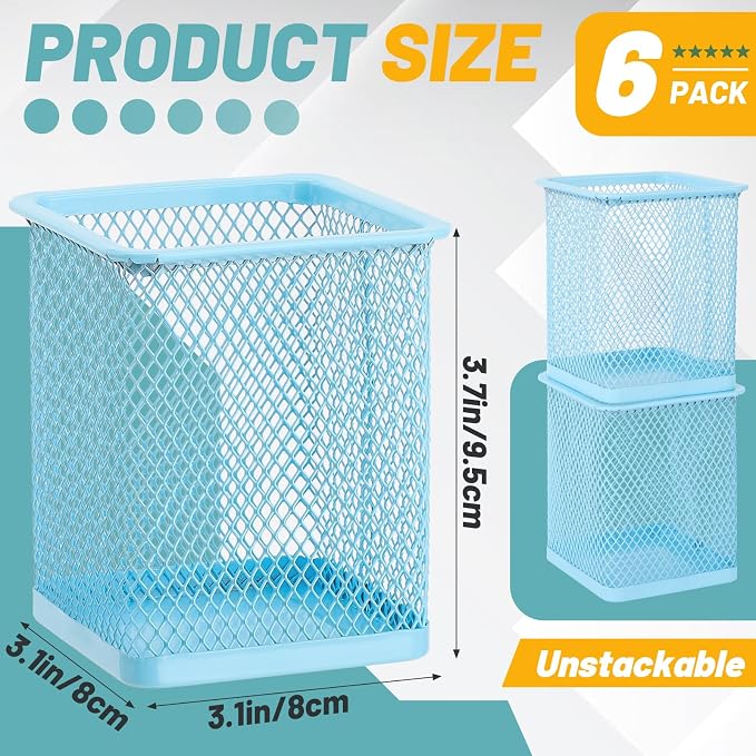 Segarty Pencil Holder, 6 Pack Square Light Blue Pen Holder for Desk, Mesh Pencils Cup Container Marker Organizer Set for Office Supply, School Classroom, Home Desktop Storage and Organization