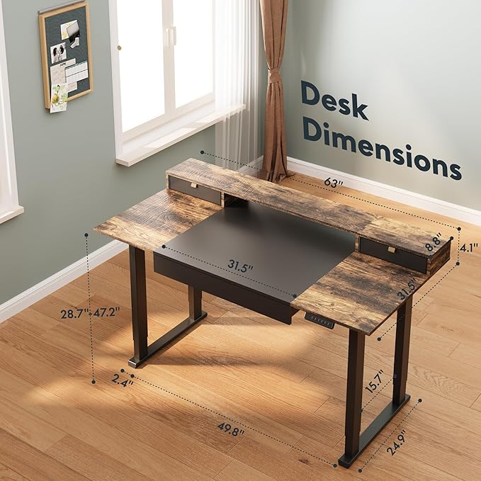 SANODESK Electric Standing Desk with Drawers, 63 x 32 inch Height Adjustable Computer Desk, Home Office Stand Up Desk with 3 Preset Heights, Black