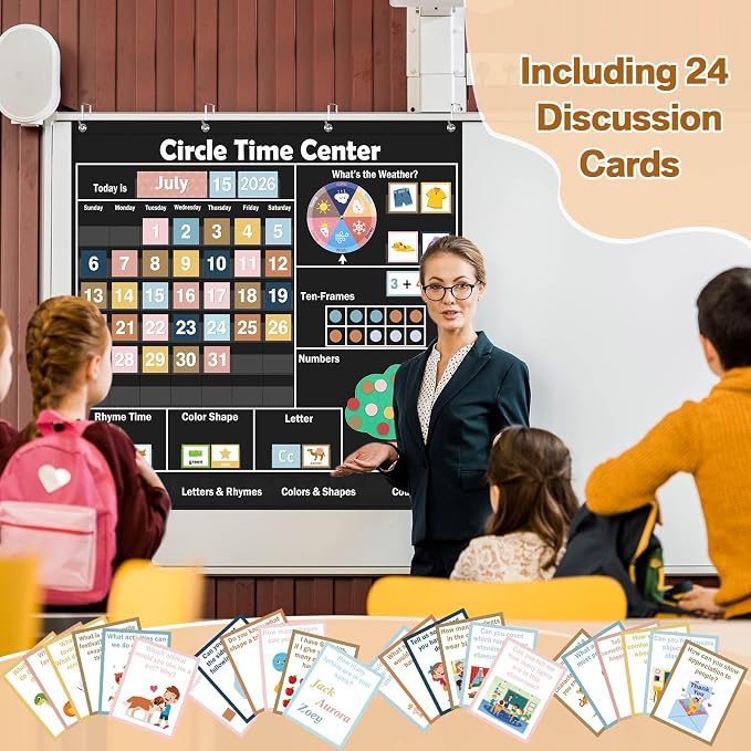 Pasimy 284 Pcs Circle Time Learning Center Classroom Pocket Chart Boho Circle Time Calendar Learning Math Calendar Weather Color Shape for Home Classroom Decoration Back to School Supplies