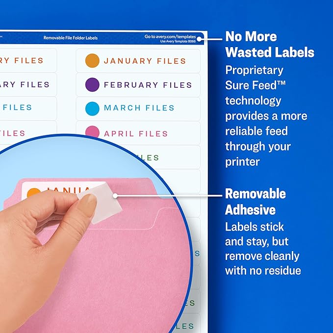 Avery File Folder Labels with Sure Feed, 2/3" x 3-7/16", 750 Printable Labels, Removable, White (8066)