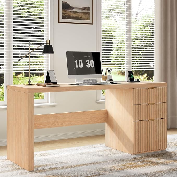 60" Fluted Executive Desk with Ample File Drawer & Large Charging Station, Wood Modern Home Office Desk with Storage, Computer Writing Desk for Work, Living Room, Bedroom, Durable & Sturdy, Natural