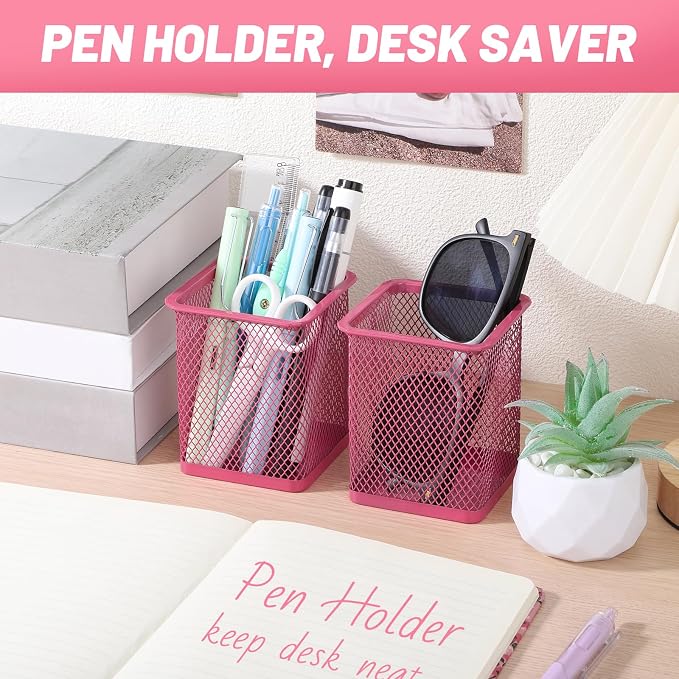 Segarty Pen Cup, 6 Pack Square Dark Pink Pen Holder for Desk, Multifuntional Mesh Pencil Cups Containers for Marker, Office Supplies, School Students, Home, Desktop Accessories Storage Organizer