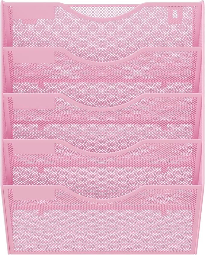 EasyPAG Wall File Organizer 5 Tier Hanging Paper Folder Holder, Zero Assembly Metal Mesh Wall Mounted Mail Organizer for Office Home Classroom Narrow Spaces, Pink