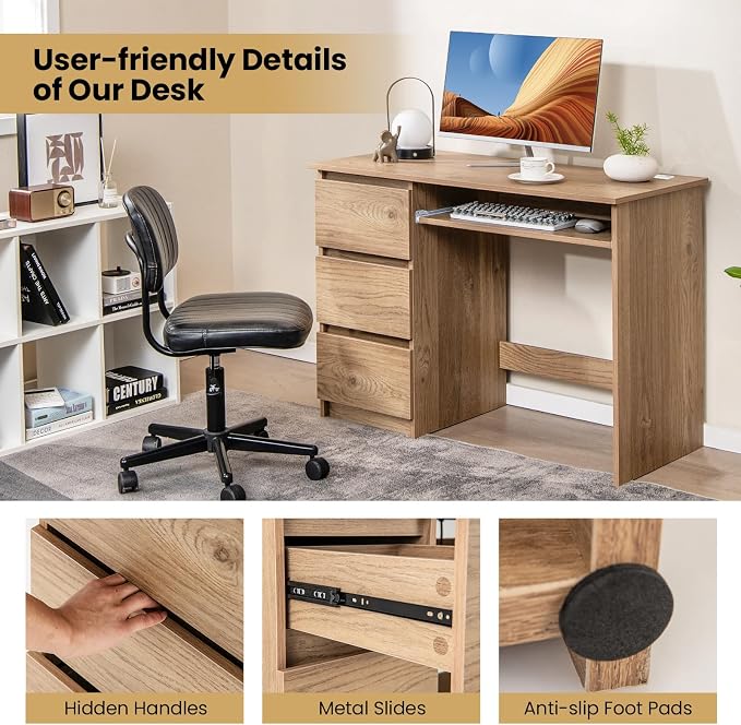 Tangkula Computer Desk with 3 Storage Drawers & Built-in Charging Station, Home Office Desk with Keyboard Tray, PC Desk Study Writing Desk, Vanity Table for Bedroom, Computer Workstation (Natural)