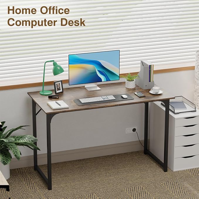FDW 47 inches Computer Desk/Home Office Desk/Writing Study Table/Modern Simple Style PC Desk with Metal Frame,Brown
