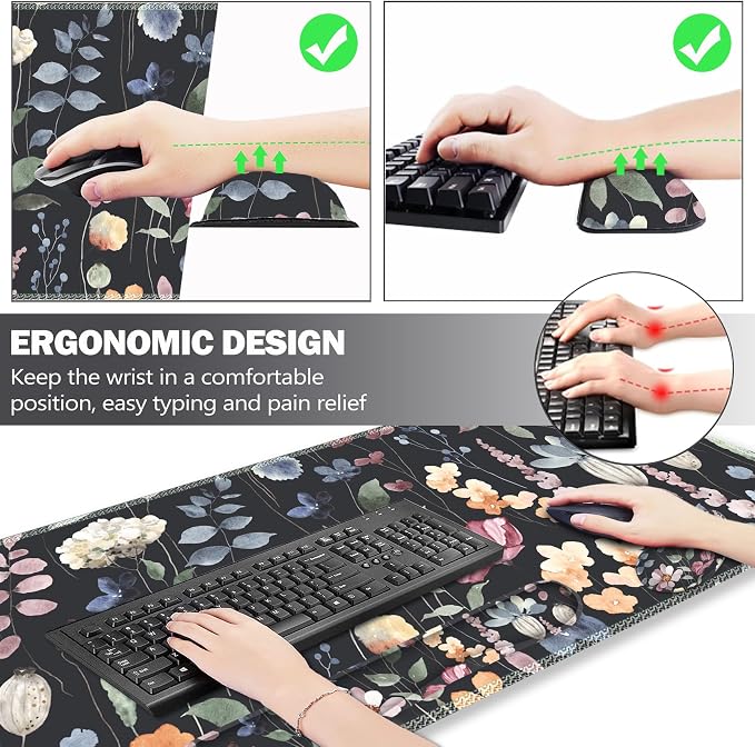 Gaming Mouse Pad Wrist Support Set, XXL Large Desk Mat Mousepad + Keyboard Wrist Support+ Mouse Wrist Rest+Coaster 4in1 Ergonomic, Memory Foam, Stitched Edge for Home Office -Flowers Plants