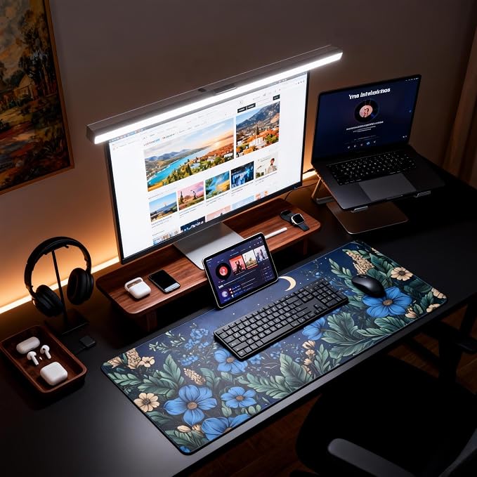 Floral Aesthetic Cosmos Gaming Mouse Pad, Black Blue Vintage Botanical Desk Mat with Anti-Slip Base & Stitched Edges,35.4" x 15.7" in Table Mat for Computer Desktop, Beautiful Workstation Decor