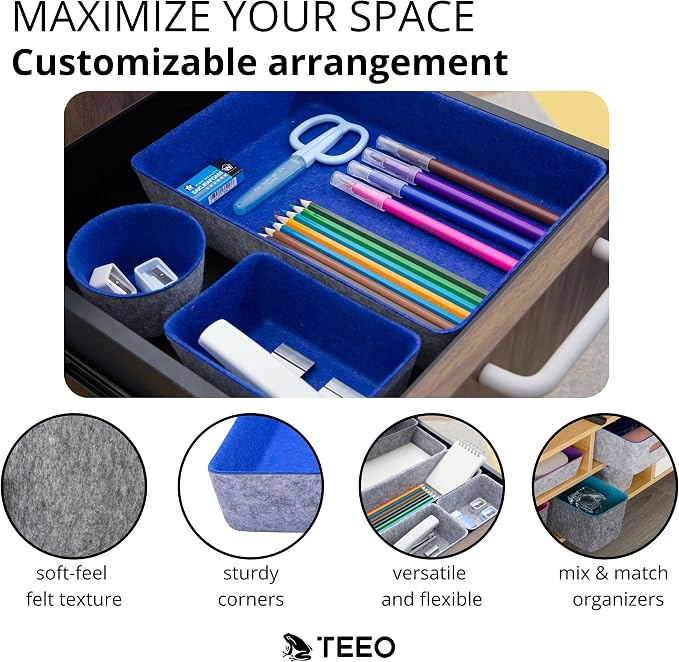 Teeo - Organizers for Drawers - Kitchen Drawer Organizers and Storage - Small Organizer Bins - Makeup Drawer Organizer - Home Office Desk Dividers Compartment Organization - Pack of 7, Royal Blue