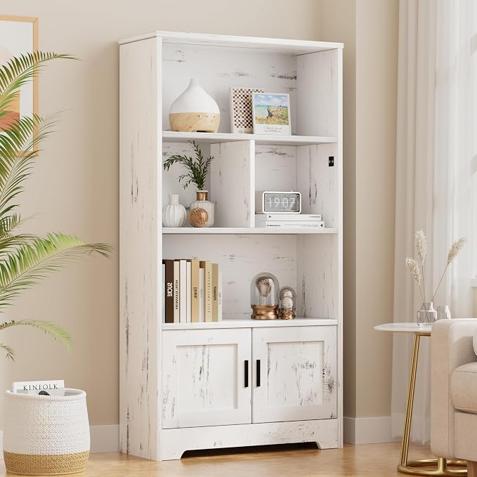 IDEALHOUSE Wood Bookcase with Doors White Bookshelf with LED Lights Modern Storage Rack 3 Shelf Standing Bookshelves Large Display Shelf Unique Book Shelf for Bedroom, Living Room, Home Office