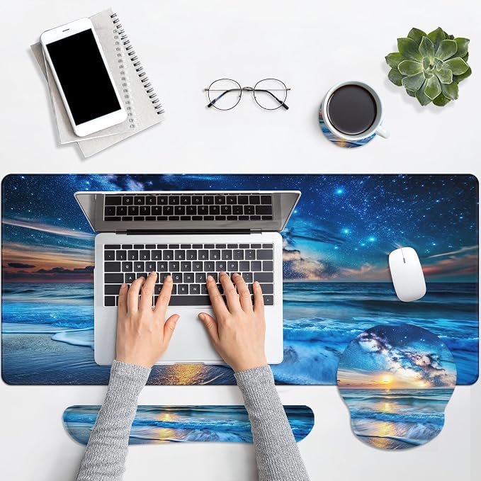 Keyboard Mouse Pad Set, 4 in 1 Desk Mat Set, Blue Ocean | Starry Sky Sea Large Mousepad+Keyboard Wrist Rest+Mouse Wrist Rest+Coaster Ergonomic Design for Home Office Computer
