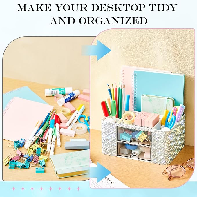 MotiMind Silver Bling Desk Organizer with 2 Drawer, Sparkly Makeup Organizer for Vanity, Girly Desk Accessories, Rhinestone Pen Holder, Elevate Your Workspace with Silver Serenity (Diamond)