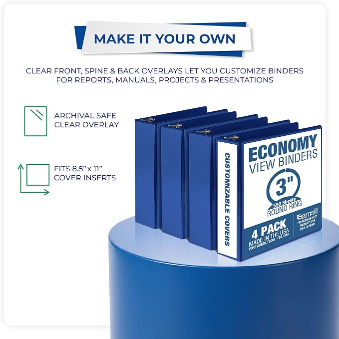 Samsill 3 Inch 3 Ring Binders, Economy Round Ring, Clear View Cover, 550 Sheet Capacity - for School, Home, Office - Blue, 4 Pack