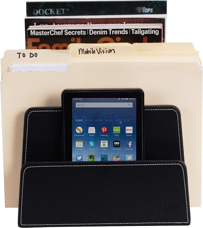 MobileVision Executive Black Desktop File Folder Paper Tray & Device Organizer 5 Slot Dividers
