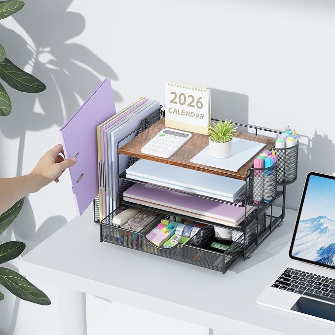 gianotter Desk Organizers and Accessories with File Holder, 4-Tier Desk Accessories & Workspace Organizers with Drawer and 2 Pen Holder, Paper Organizer for Office Supplies (Wood)