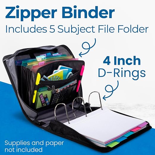 Case-it School Zipper Binder | 4-Inch D-Rings | 800-Sheet | D-186 Jet Black | King Sized Zip Tab, 5-Subject Expanding File Folder, Multiple Pockets, Storage Organizer, Shoulder Strap, Office