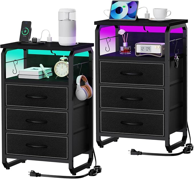 runjuly End Tables Set of 2 with Charging Station, LED Lights, Hooks, Black | 3 Large Fabric Drawers, USB C Ports & Power Outlets, Metal Night Stand Pair, Storage Nightstand for Living Room / Bedroom