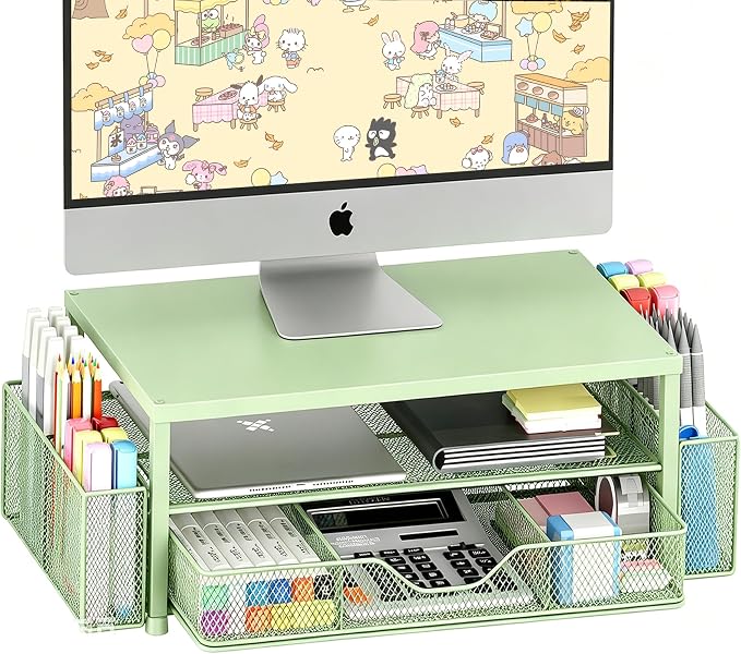Desk Organizers and Accessories, Computer Monitor Stand Riser with Drawer and 2 Pen Holders, Printer & Laptop Stand, Office Desk Accessories & Workspace Organizers for Home Office Supplies, Green