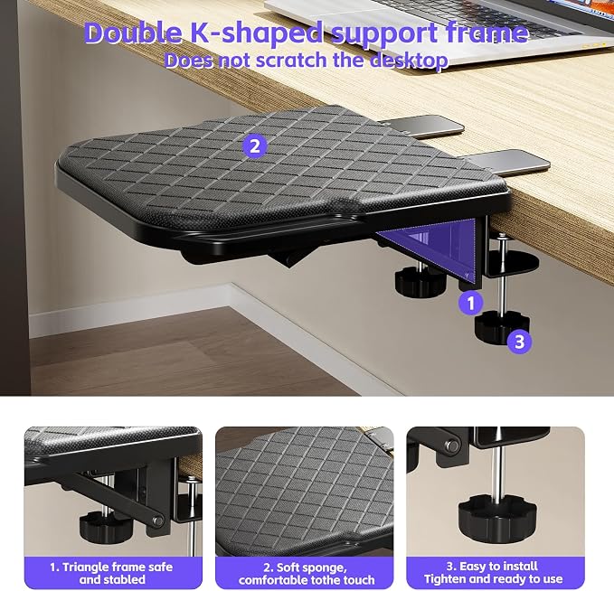 CABTE Ergonomics Desk Extender Tray, Table Mount Arm Wrist Rest Shelf, 90° Foldable Elbow Arm Support,Foldable, Computer Desk Extender Tray for Home and Office (Large Foldable)