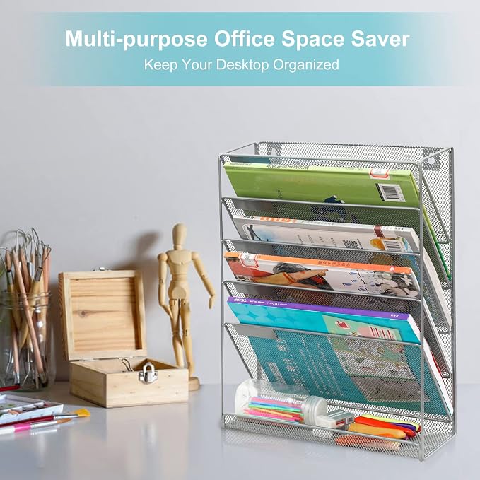 EasyPAG 5 Tier Wall File Holder, Mesh Hanging Folder Organizer with Classify Label, Versatile Desk File Holder, Vertical Wall Mounted Mail Organizer for Office Home Cubicle, Silver