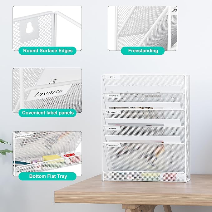 EasyPAG 5 Tier Wall File Holder, Mesh Hanging Folder Organizer with Classify Label, Versatile Desk File Holder, Vertical Wall Mounted Mail Organizer for Office Home Cubicle, White