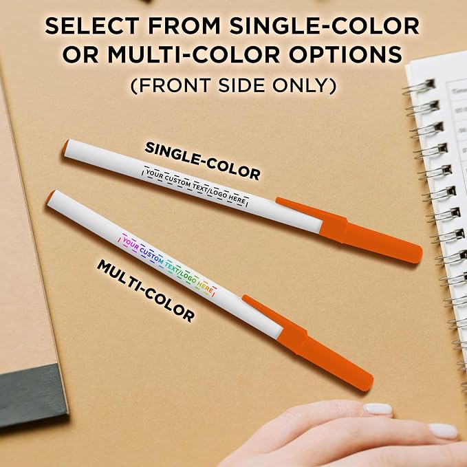 DISCOUNT PROMOS Custom Value Stick Pens Set of 10, Personalized Bulk Pack - Blue Ink, Great for Office, School, Business, Tradeshows, Events - Orange Cap