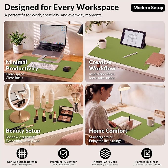AFIING Cork Desk Mat, 35.4" x 17", Olive Green,Desk pad Protector | Dual-Sided Cork & PU Leather, Large Mouse Pad, Non-Slip & Waterproof