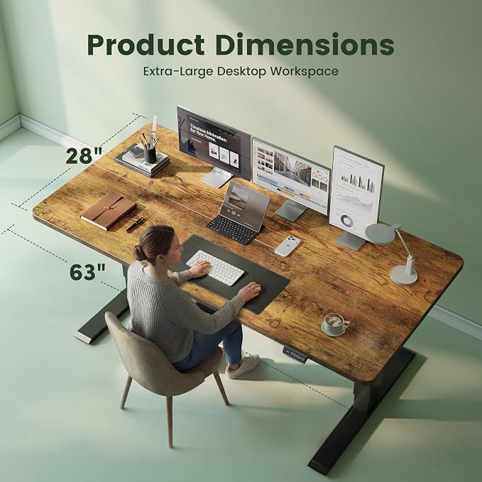 CubiCubi 63x28 Large Electric Standing Desk Height Adjustable, Rustic Brown | 28" Deep Desktop, Sit Stand up Home Office Desk, Computer Workstations, Advanced Motor, High-Strength Frame, 176 lbs Capacity