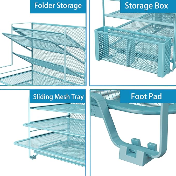 Simple Trending 7 Tier Desk File Organizer, Letter Tray Paper Organizer with Pen Holder and Metal Hanging Basket, Blue