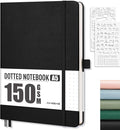 AHGXG Bullet Dotted Journal - 150 GSM Dot Grid Notebook Journal, Thick Acid-Free Paper, A5 Dotted Notebook 128 Pages, Leather Hardcover, Inner Pocket, Journal Stencil, 5.7'' × 8.3'' - Black