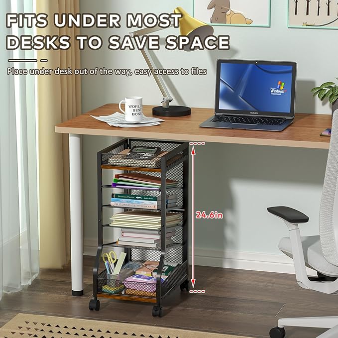 6-Tier Standing File Organizer, Rolling Under Desk Organizer for Office | with Sliding Mesh Paper Letter Trays, Slim Rolling File Cart Under Desk File Holder for Home/Office/Study Organization