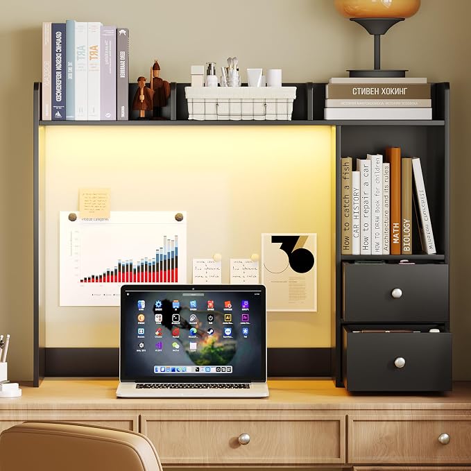 ChooChoo Desktop Bookshelf with LED Lights and 4 Shelves | 36.6", 2 Drawers, Fits 27" Monitor, Desk Organizer Shelf, Dorm Office Home, Black