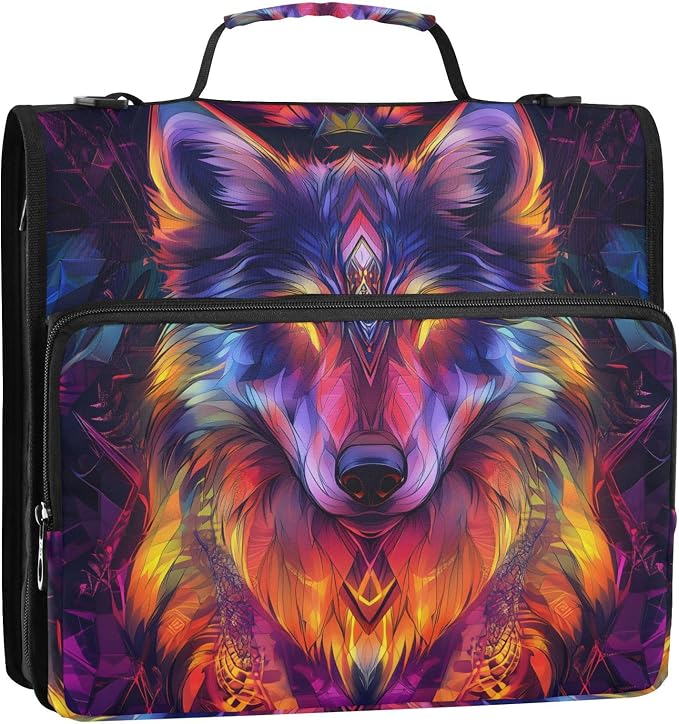 Wolf Colorful Zipper Binder Bag 3 Ring Binder with Shoulder Strap Zip Up 500 Sheets Capacity Multi Pockets for School Office Supplies