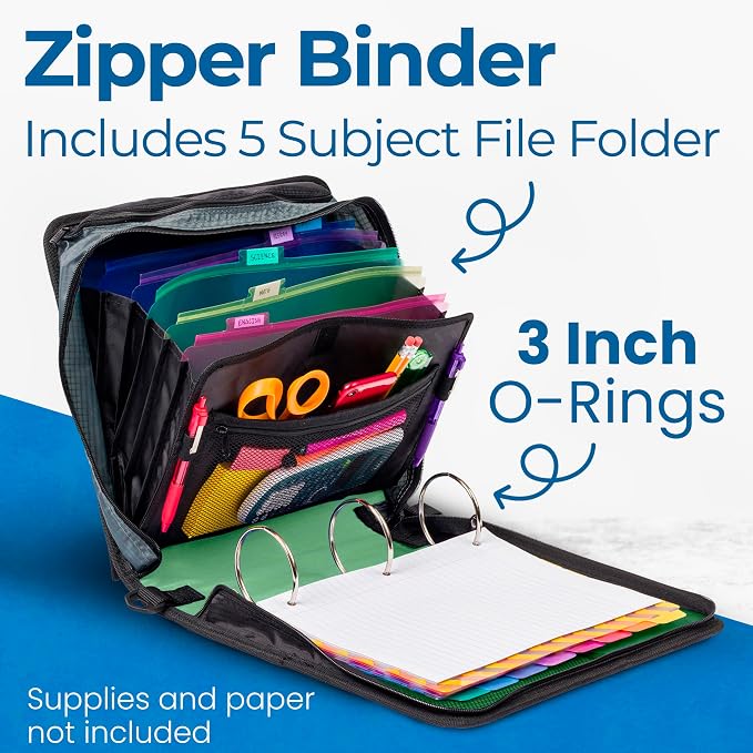 Case-it School Zipper Binder | 3" O-Rings | 600-Sheet | D-146 Canopy Green | Mighty Zip Tab, 5-Subject Expanding File Folder, Multiple Pockets, Storage Organizer, Shoulder Strap, Office