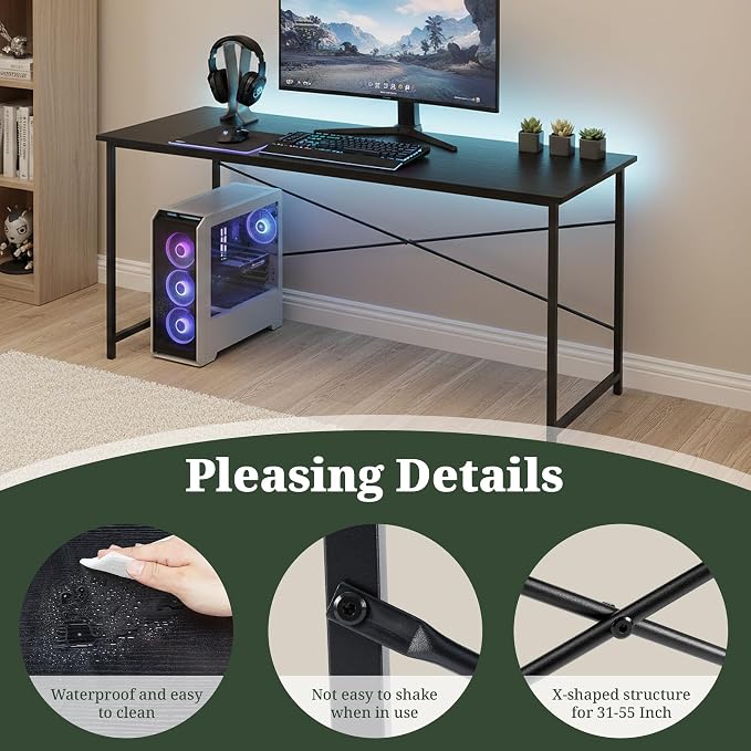 55 Inch Computer Desk, Writing Desk for Home Office Study Workspace | 265 lb Capacity, Reinforced X-Frame, Waterproof MDF Top, Scratch-Resistant Surface, Easy Assembly, Black