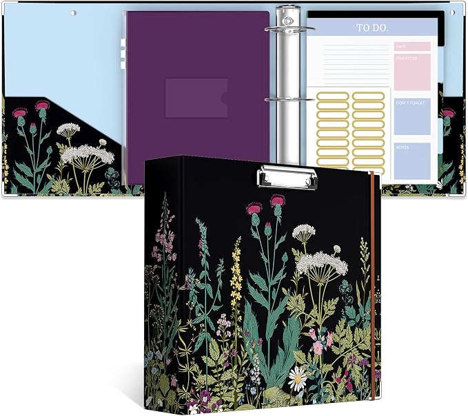 3 Ring Binder, 3 Inches Round Ring Binder with Clipboard, Dividers Tabs, PVC Zipper Bag Sleeves & to Do List Planners for Women, Men, School, Office Supplies, Wild Flower