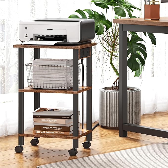 TUTOTAK Printer Stand, 3 Tier Rolling Printer Cart with Charging Station | Small Under Desk Printer Table with Wheels for Small Space, Office, Home, Brown PS02BB001