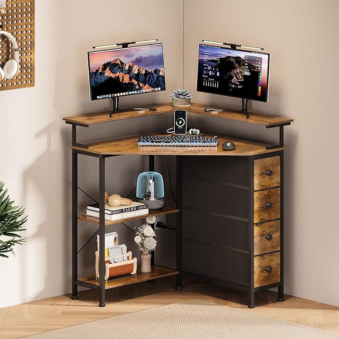 VENNQD Corner Desk with Drawers Shelves for Small Space 90 Degrees Triangle Computer Desk with Power Outlets,Gaming Desk with LED Lights Monitor Stand for Home Office Workstation Writing Table (Brown)